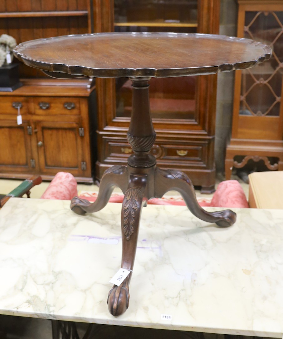 A George III and later circular mahogany piecrust tilt top tripod tea table, diameter 82cm, height 74cm